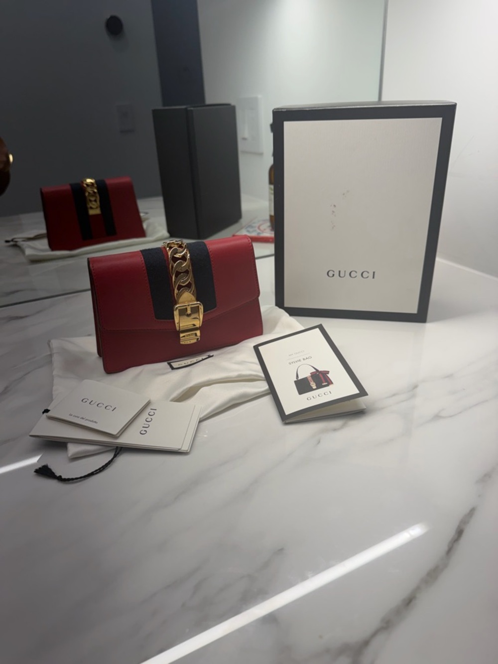 Gucci Red and Black Leather Shoulder Bag with Gold Chain Hardware